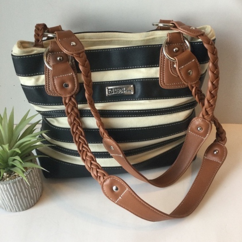 Stone Mountain Navy and Cream Fabric with Leather Like Trim Shoulder Handbag